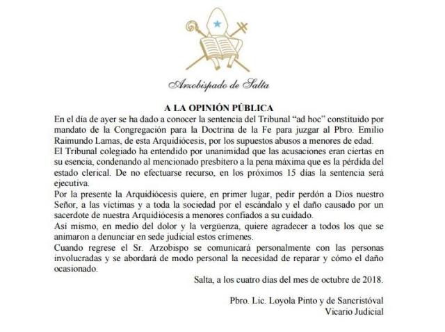 comunicado arzobispado