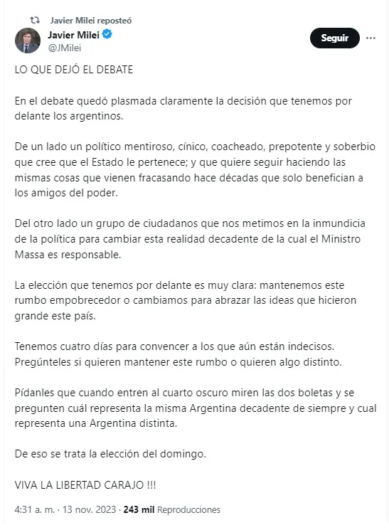 milei posteo post debate