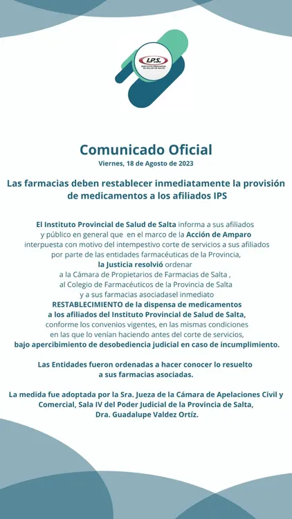 IPS informó que la “Justicia ordenó el inmediato restablecimiento de  medicamentos a los afiliados”