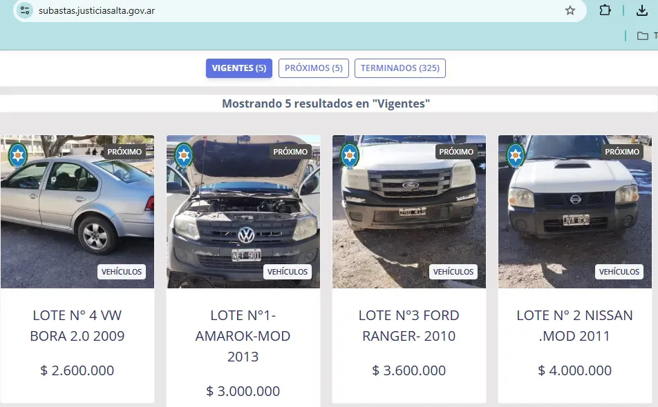 subasta judicial 5 vehículos