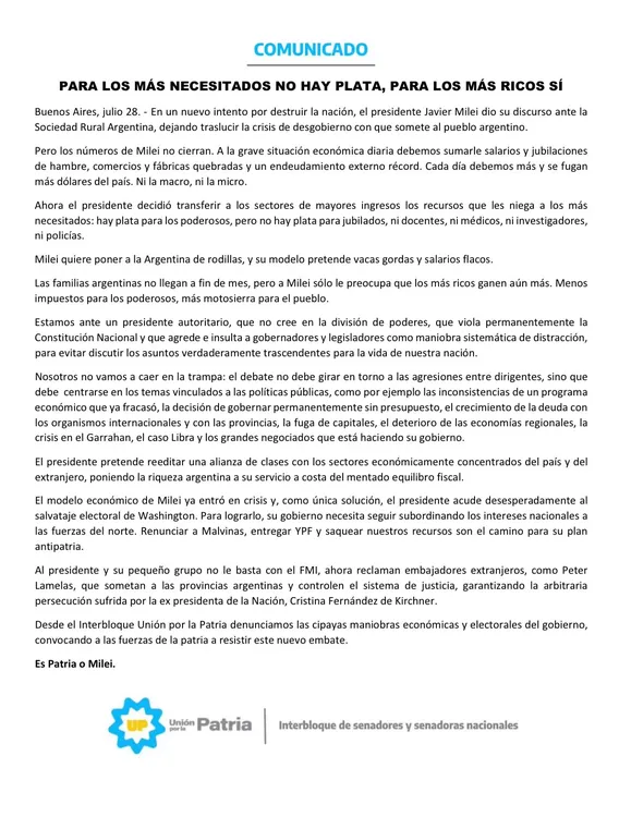 comunicado interbloque senadores UxP