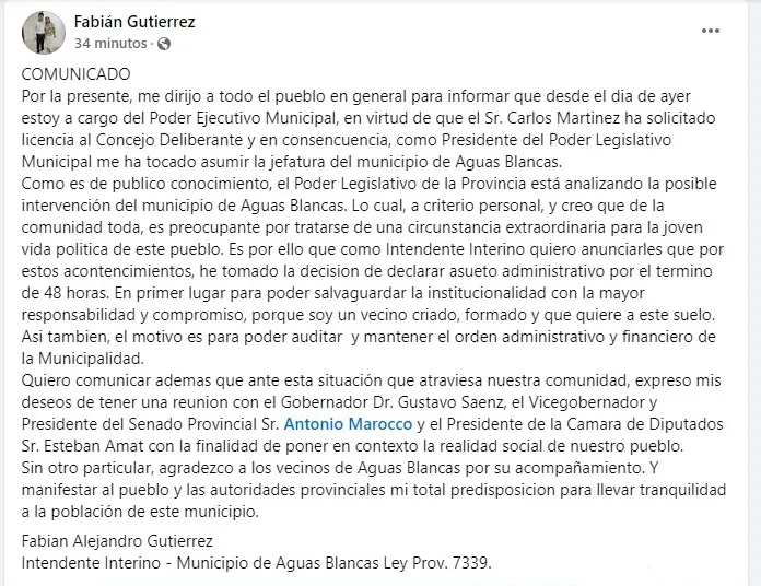 comunicado fabian gutierrez