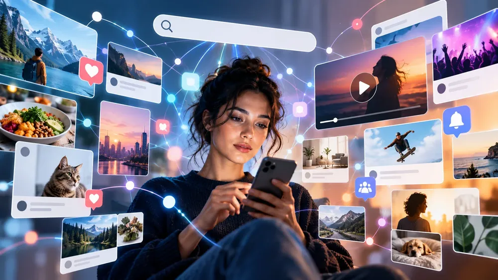 Mujer navegando un mundo digital